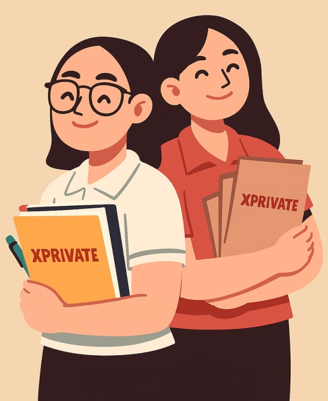 Ilustrasi seorang siswa sedang belajar dengan tutor dari XPRIVATE, menunjukkan lingkungan belajar yang personal dan mendukung.